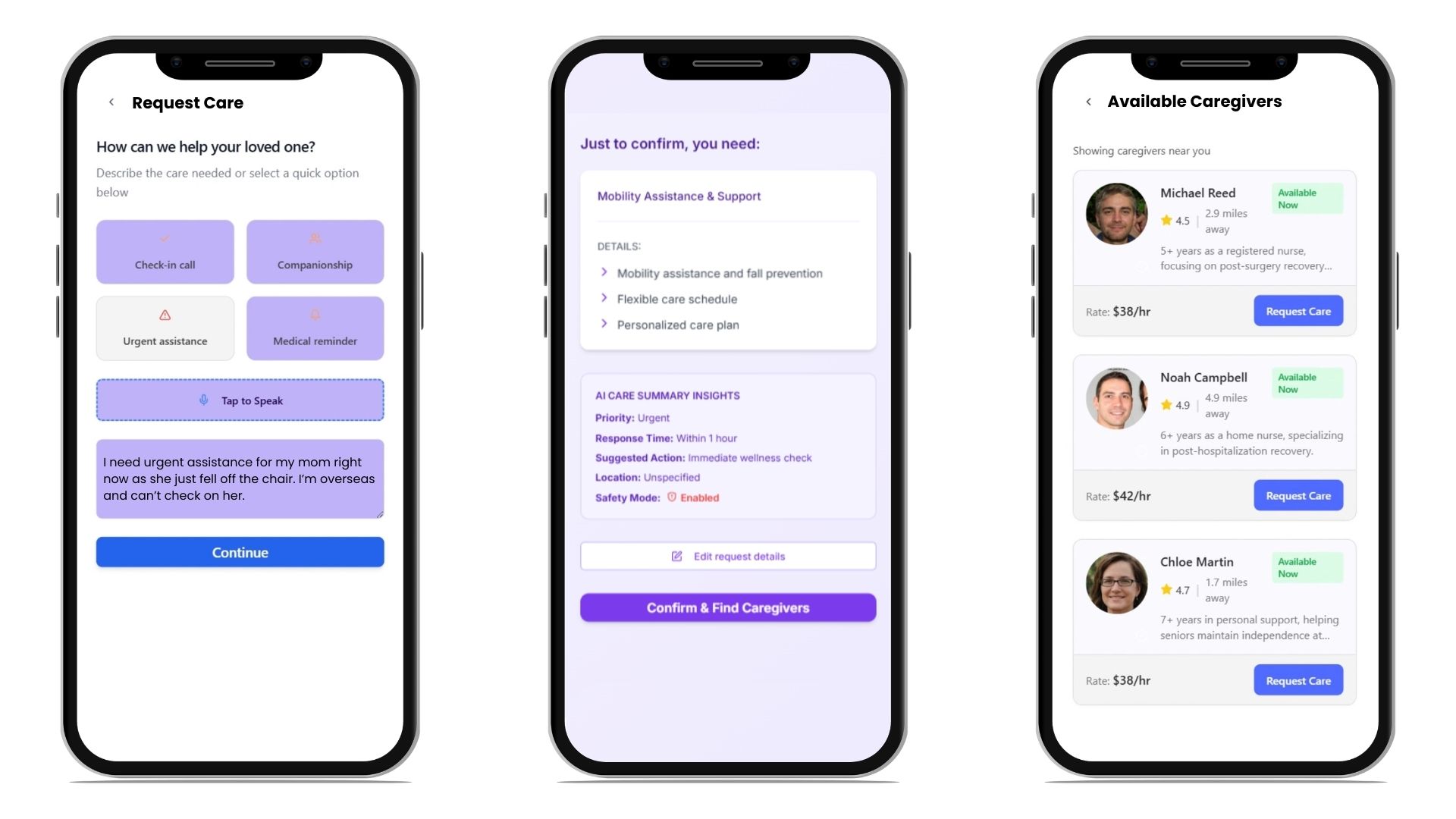 CareNeighbor app features showing home screen, request care, and available caregivers