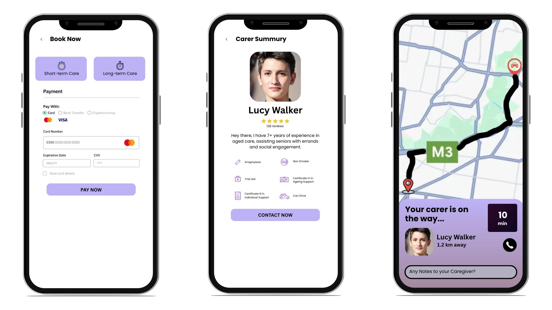 CareNeighbor app features showing booking, caregiver profile, and location tracking